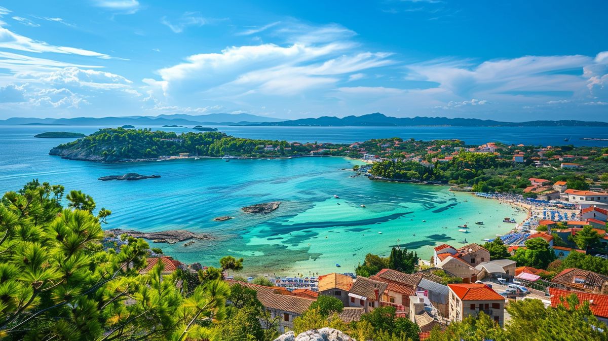 Vista panoramica della spiaggia nella città di Ksamil, Albania, con acque cristalline e sabbia bianca