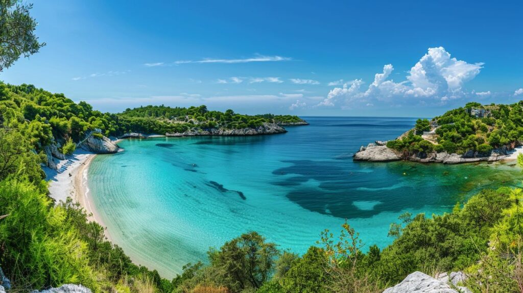 Vista aerea delle spiagge di Ksamil, considerate tra le più belle, con acque cristalline e sabbia dorata