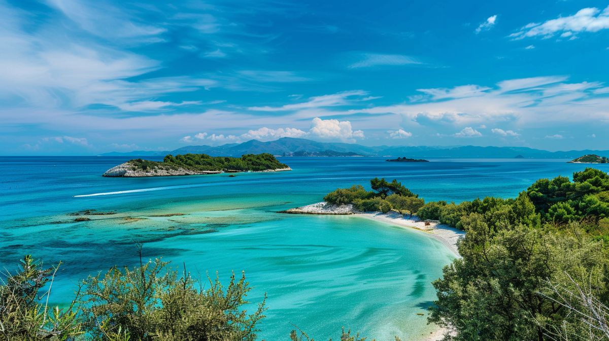 Spiaggia soleggiata a Ksamil Albania con acque cristalline e sabbia fine