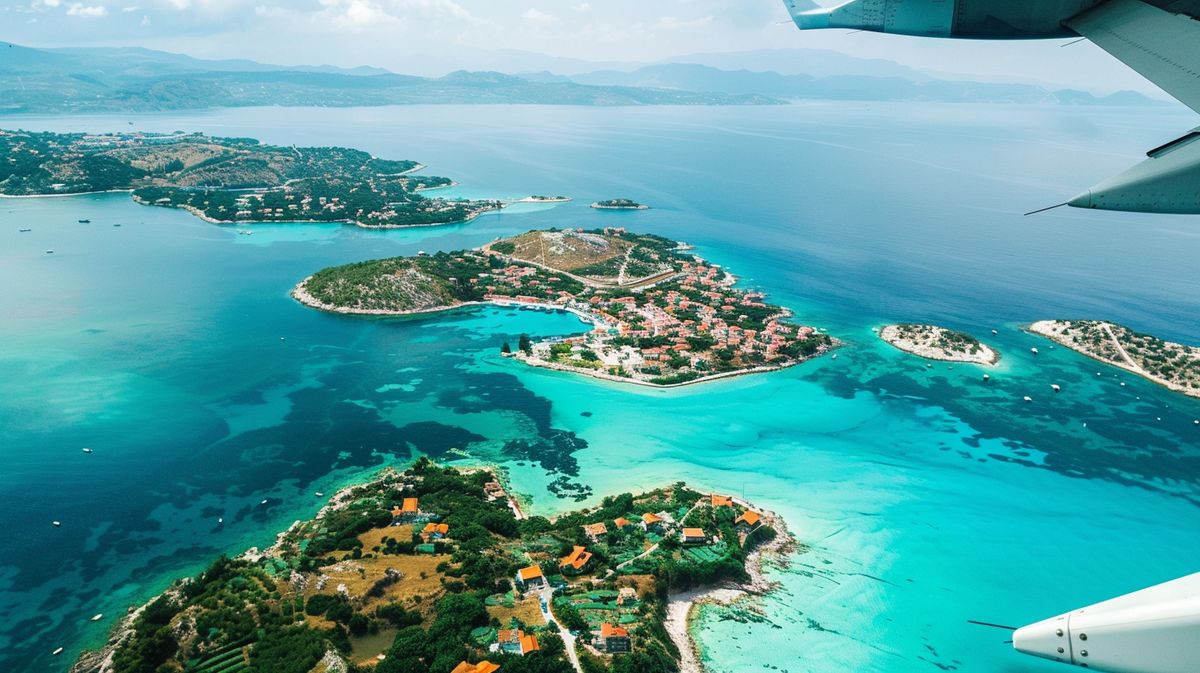 Vista aerea di Ksamil con indicazioni su come arrivare a Ksamil in aereo, mostrando spiagge e isole circostanti