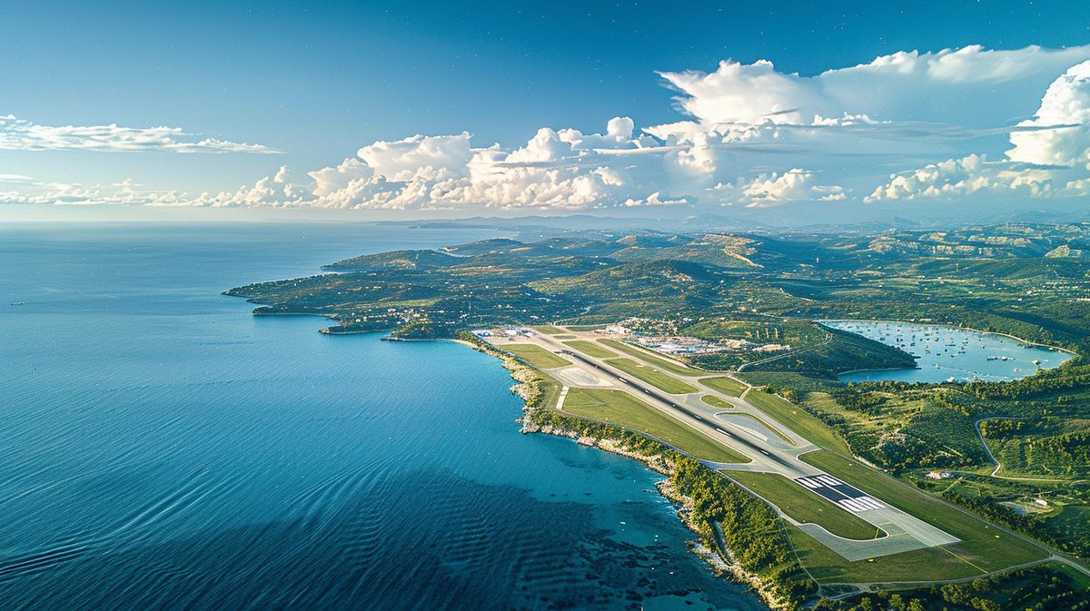 Vista aerea dell'aeroporto più vicino a Ksamil con piste illuminate al tramonto