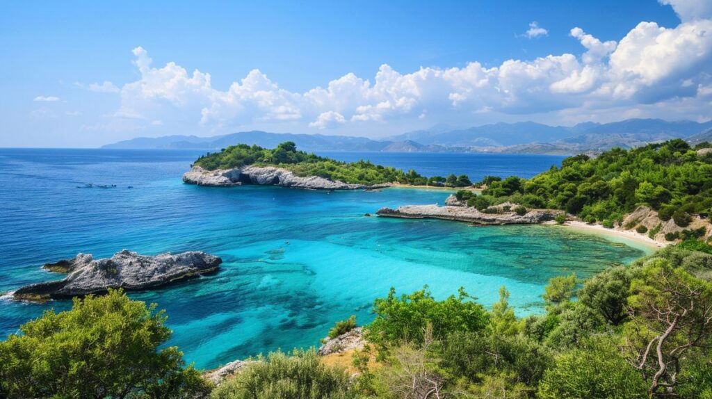 Vista panoramica delle Isole Ksamil con acque cristalline e spiagge sabbiose in Albania