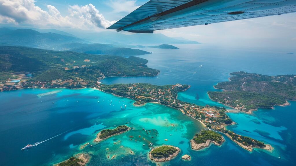 Vista aerea di Ksamil con indicazioni su come arrivare a Ksamil in aereo, mostrando spiagge cristalline e isole vicine