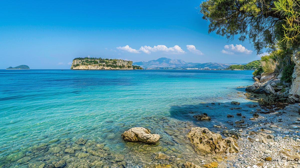 Spiaggia di Ksamil con vista sull'isola di Corfu, perfetto per una vacanza estiva in Albania, Corfu Ksamil