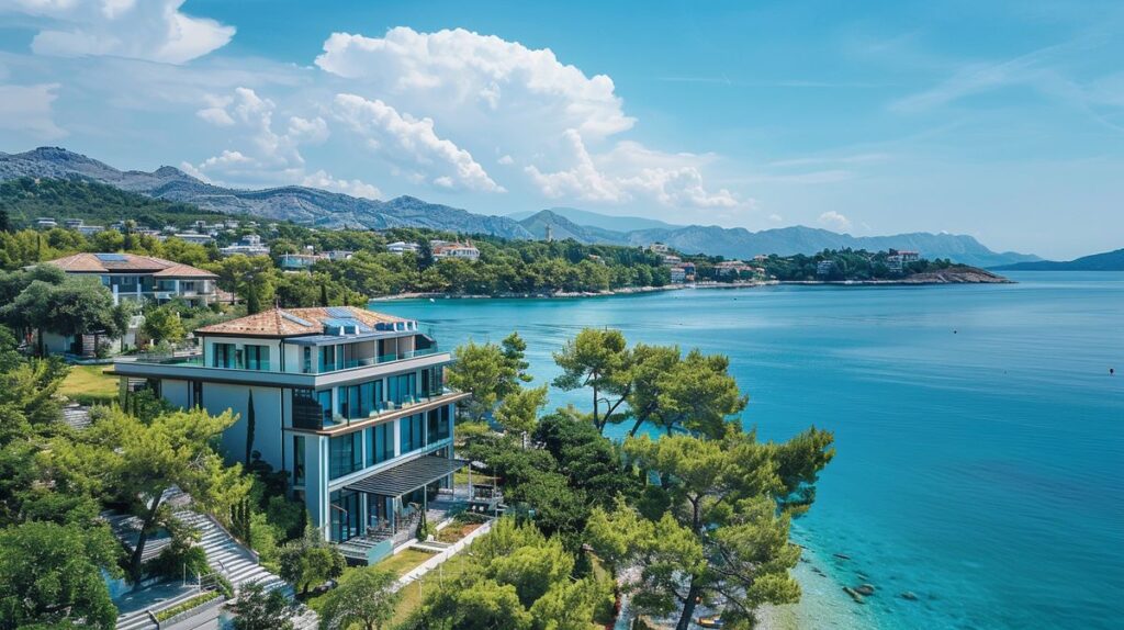 Vista panoramica dell'Hotel Adriatik Ksamil con spiaggia sabbiosa e mare cristallino in una giornata soleggiata