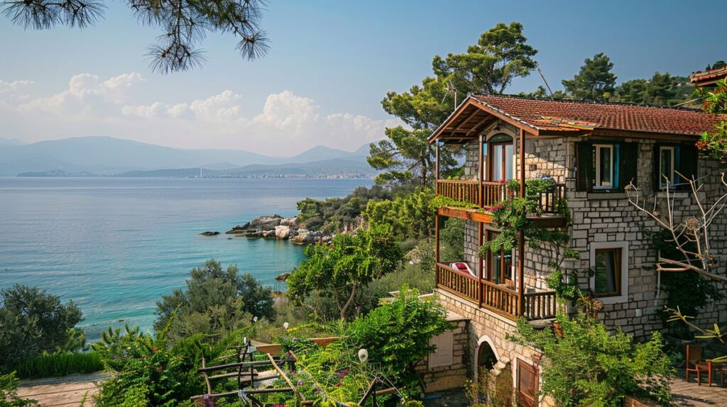 Vista aerea del Poda Boutique Hotel Ksamil con spiaggia sabbiosa e acque cristalline