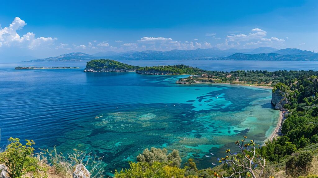 Vista panoramica della spiaggia di Corfu Ksamil con acque cristalline e sabbia dorata