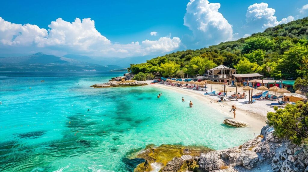 Spiaggia di Ksamil consigli per una vacanza perfetta in Albania, vista panoramica delle acque cristalline e sabbia bianca