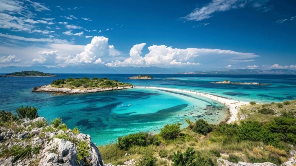 Spiaggia soleggiata a Ksamil, Albania, con acque cristalline e sabbia dorata