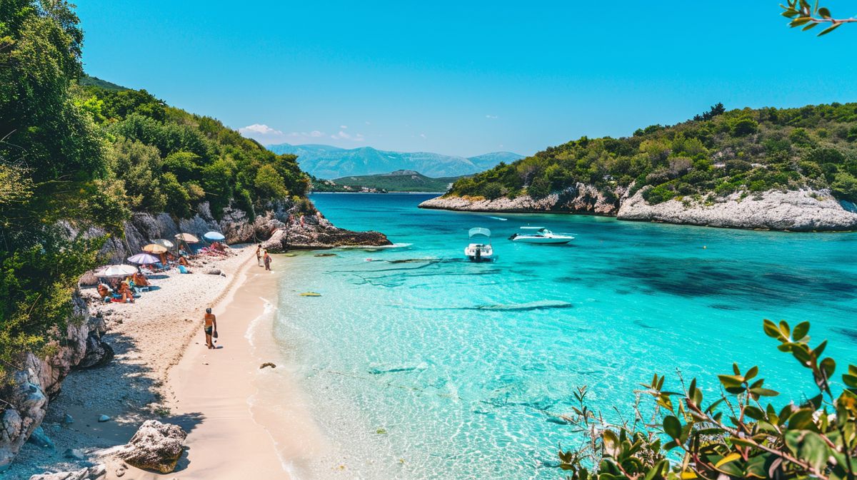 Vista aerea di Paradise Beach Ksamil con acque cristalline e spiaggia sabbiosa in Albania