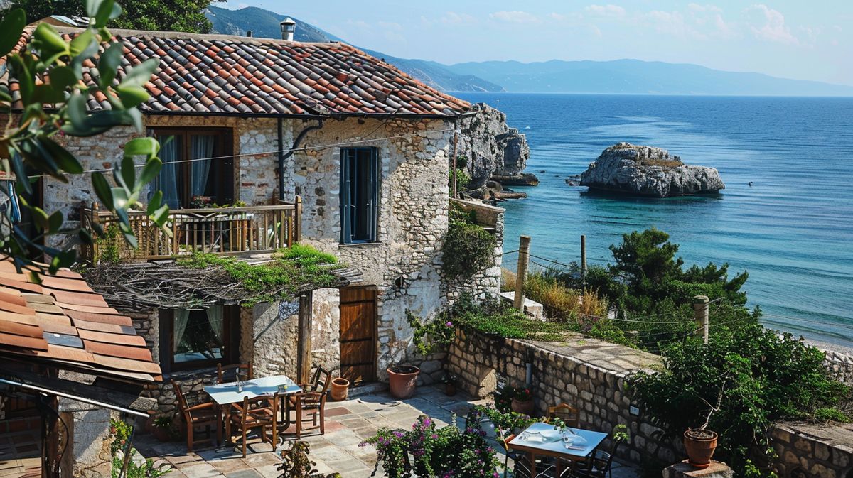 Vista esterna del Poda Boutique Hotel Ksamil illuminato al tramonto con palme circostanti