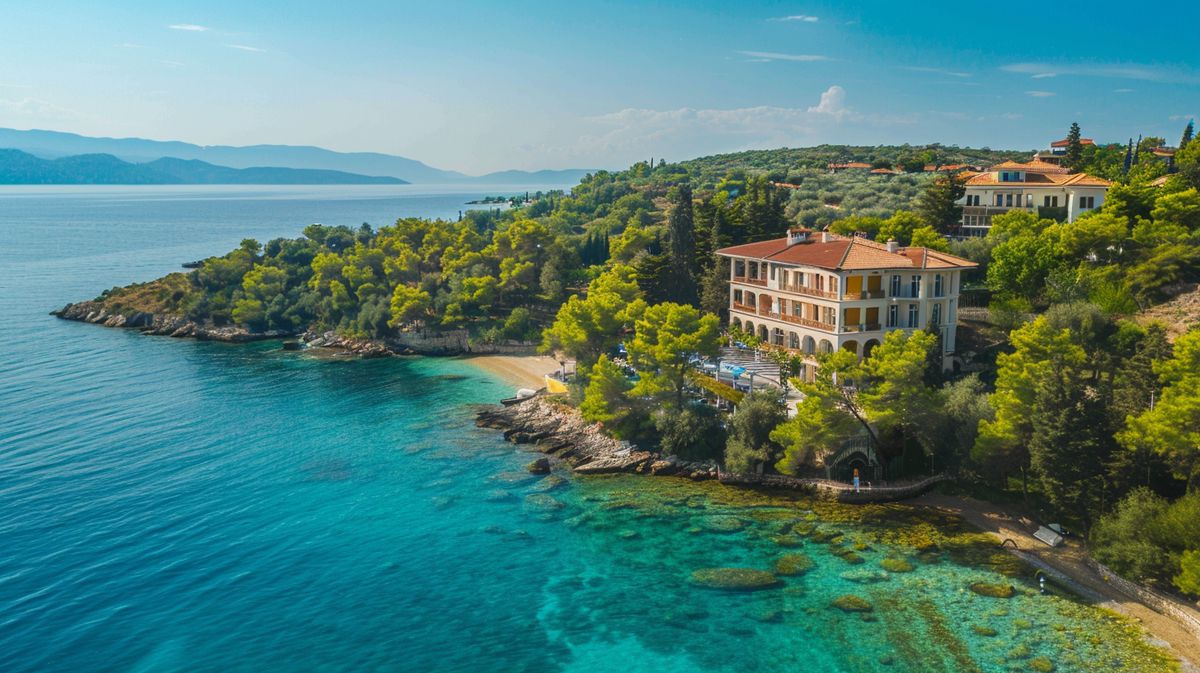 Vista panoramica di un Ksamil hotel con spiaggia sabbiosa e acque cristalline in Albania