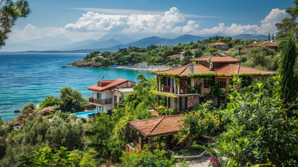 Vista panoramica di una spiaggia a Ksamil con ombrelloni colorati, perfetto per chi cerca un Ksamil hotel sul mare