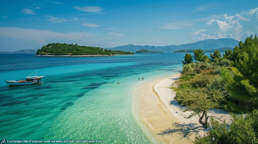 Spiaggia di Poda Ksamil con vista sul mare cristallino e sabbia bianca