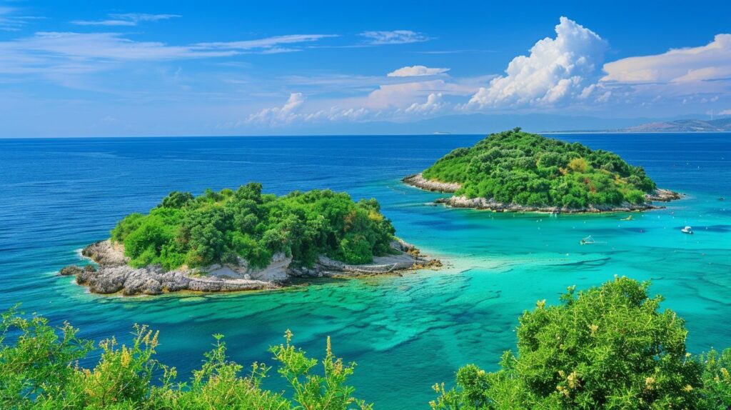 Vista panoramica delle Isole gemelle di Ksamil con acque cristalline e spiaggia sabbiosa in una giornata soleggiata