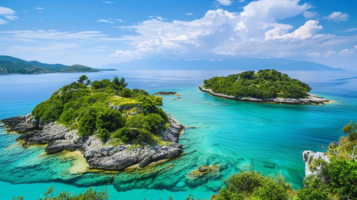 Vista panoramica delle Isole gemelle di Ksamil con acque cristalline e spiaggia sabbiosa