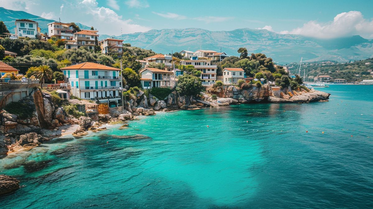 Spiaggia soleggiata a Durazzo Ksamil con ombrelloni colorati e acque cristalline