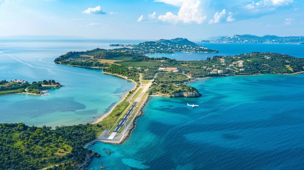 Vista aerea dell'aeroporto più vicino a Ksamil, Albania, con piste illuminate al tramonto