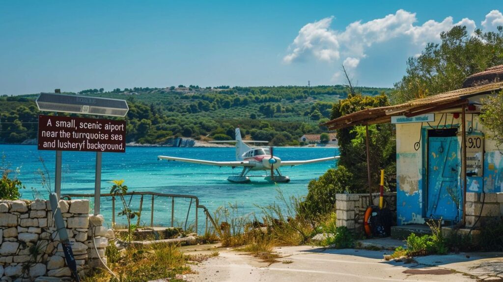 Vista aerea dell'aeroporto vicino a Ksamil, Albania, con piste e terminal visibili