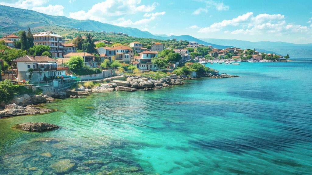 Vista panoramica della spiaggia di Durazzo Ksamil con acque cristalline e sabbia dorata