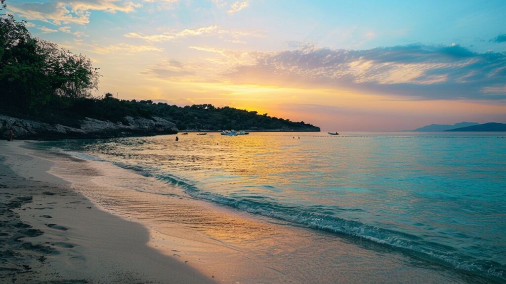 Immagine di una coppia felice che cammina su una spiaggia al tramonto, tenendosi per mano e sorridendo