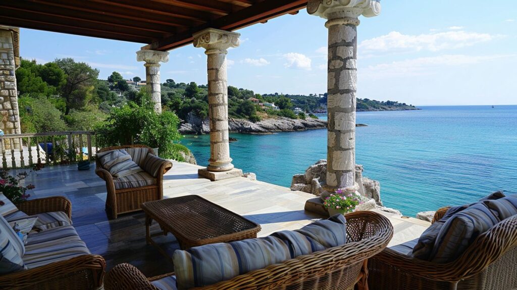 Vista della Veranda Apollonia Ksamil con tavoli eleganti e vista mare in Albania