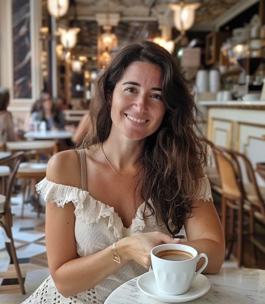 Una giovane donna italiana seduta in un caffè di lusso.