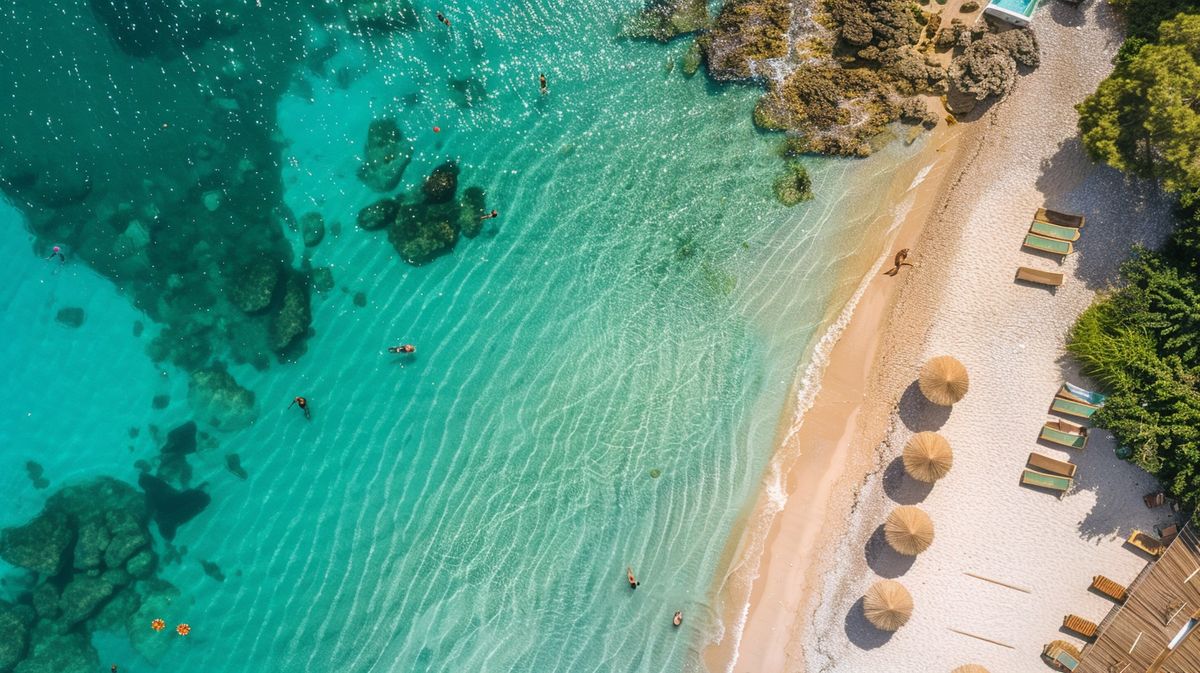 Spiaggia di Ksamil con ombrelloni colorati e acque cristalline in una giornata soleggiata