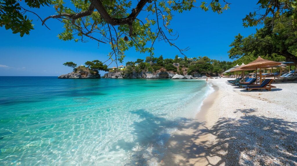 Spiaggia di Ksamil con vista panoramica sul mare cristallino e sabbia dorata