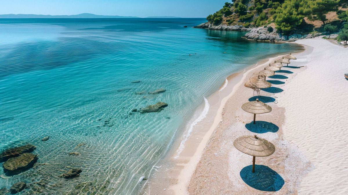 Spiaggia soleggiata durante le vacanze a Ksamil, con ombrelloni colorati e acque cristalline