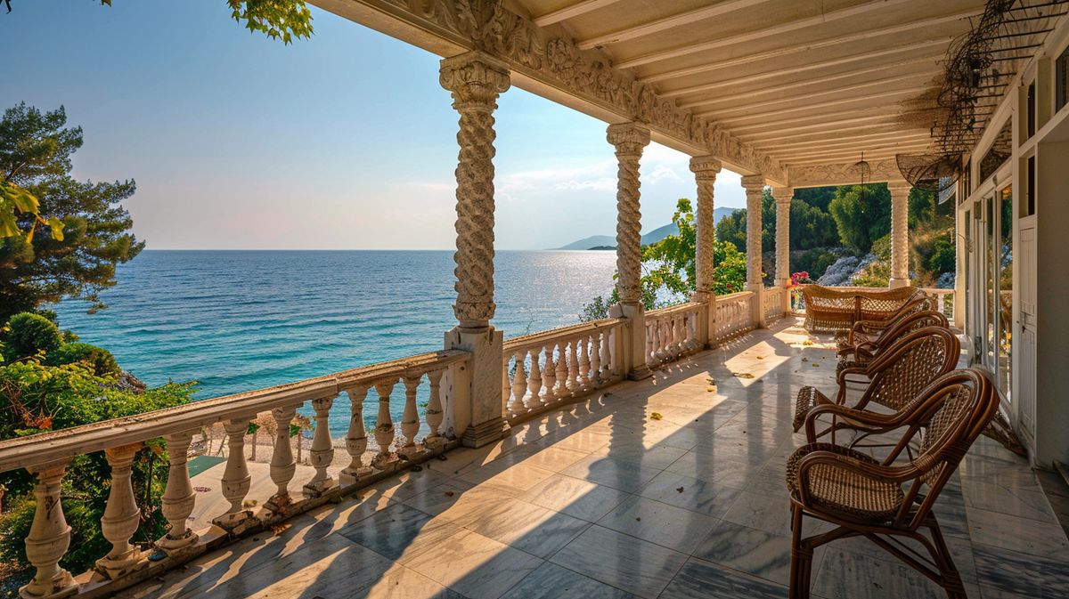 Vista panoramica della Veranda Apollonia Ksamil con tavoli eleganti e vista mare al tramonto