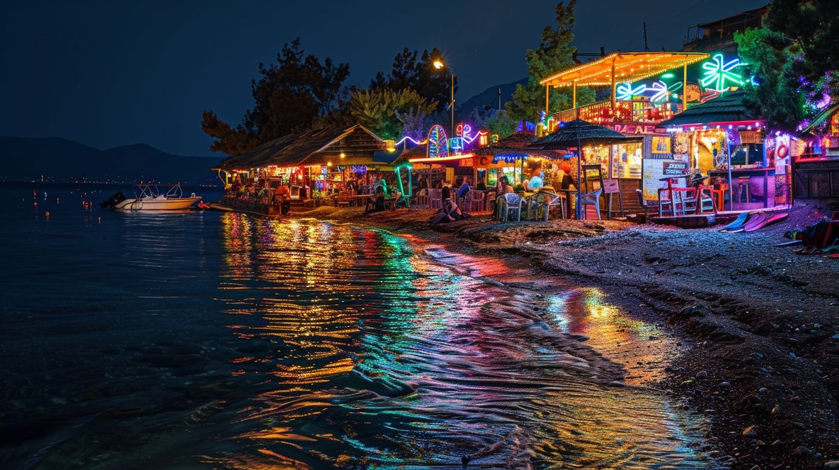 Vista notturna illuminata e vivace di Ksamil, perfetta per esplorare la Ksamil vita notturna