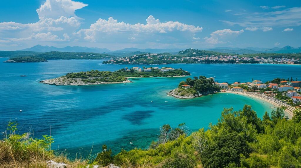 Spiaggia soleggiata nella città di Ksamil con vista sul mare cristallino e ombrelloni colorati