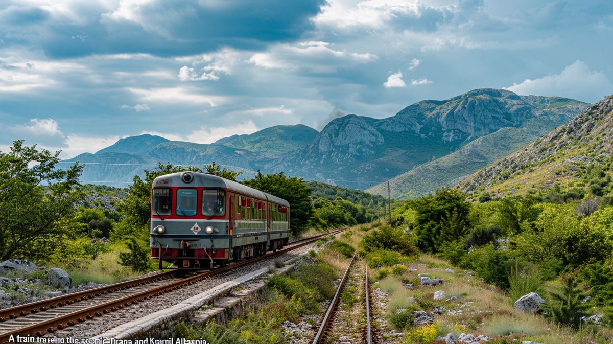 Treno in movimento verso la destinazione estiva di Ksamil, con vista panoramica delle montagne vicino Tirana, perfetto per un viaggio avventuroso