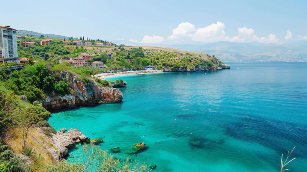 Spiaggia tropicale a Saranda Ksamil con ombrelloni colorati e acqua cristallina