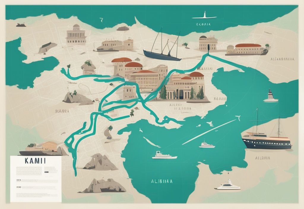 Illustrazione moderna di una mappa con tema principale color teal, che mostra un percorso segnato da Bari, Italia a Ksamil, Albania, con punti di riferimento e opzioni di trasporto lungo il tragitto.