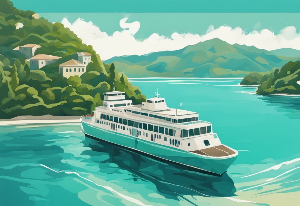 Illustrazione moderna di un traghetto Corfu Ksamil nelle acque cristalline tra le isole verdi e lussureggianti di Corfù e Ksamil sotto un cielo soleggiato.