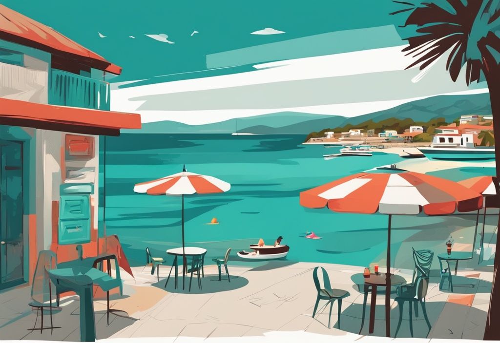 Illustrazione moderna con tema principale color teal, vista pittoresca della spiaggia di Ksamil in Albania con etichette di prezzo su ombrelloni, ristoranti locali e noleggio barche, Ksamil prezzi.