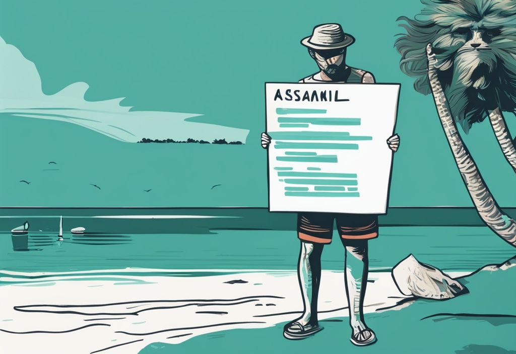 Illustrazione moderna di un turista deluso davanti alla splendida spiaggia di Ksamil con un cartello di recensione negativa, tema colore principale teal.