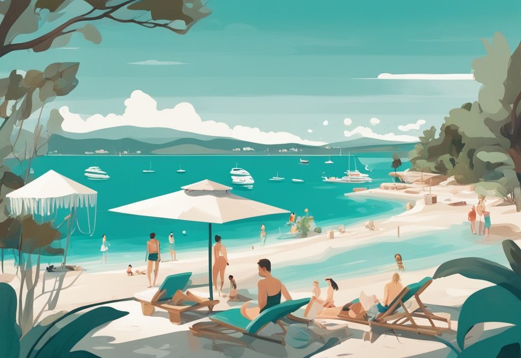 Illustrazione moderna della spiaggia di Ksamil con acque cristalline, attività come lettini, sport acquatici e bancarelle di cibo locale con prezzi visibili, tema colore principale teal.