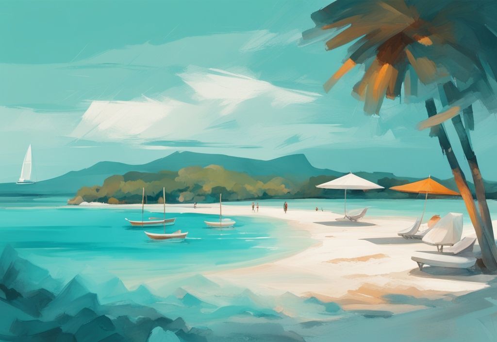 Illustrazione moderna con tema principale color teal: vista serena delle acque cristalline turchesi delle spiagge di Ksamil, con sabbia bianca, ombrelloni colorati sparsi e alcune barche a vela distanti all'orizzonte.