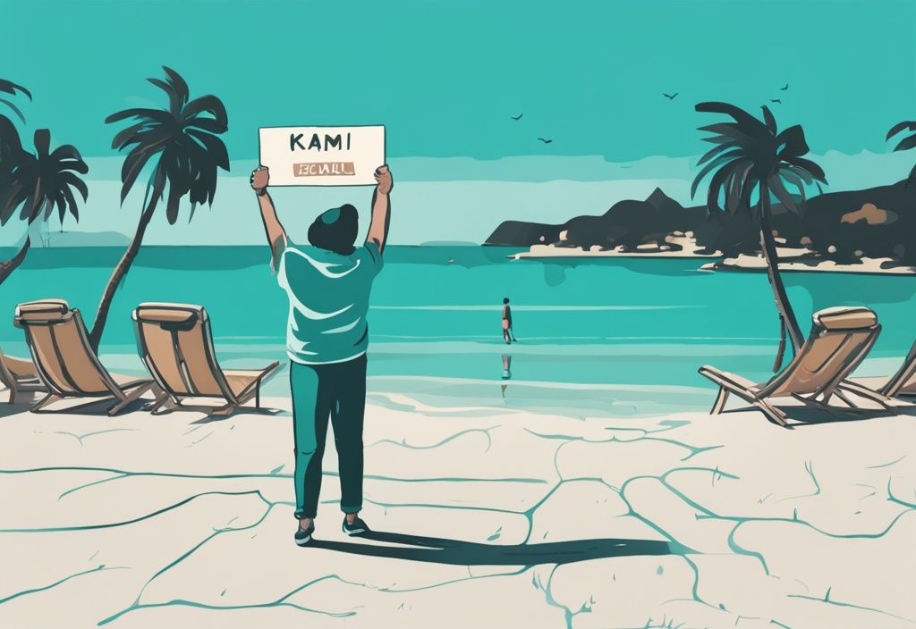 Illustrazione moderna con tema colore teal: turista deluso davanti alla splendida spiaggia di Ksamil, con un cartello di pollice verso e una recensione negativa. Ksamil recensioni negative.