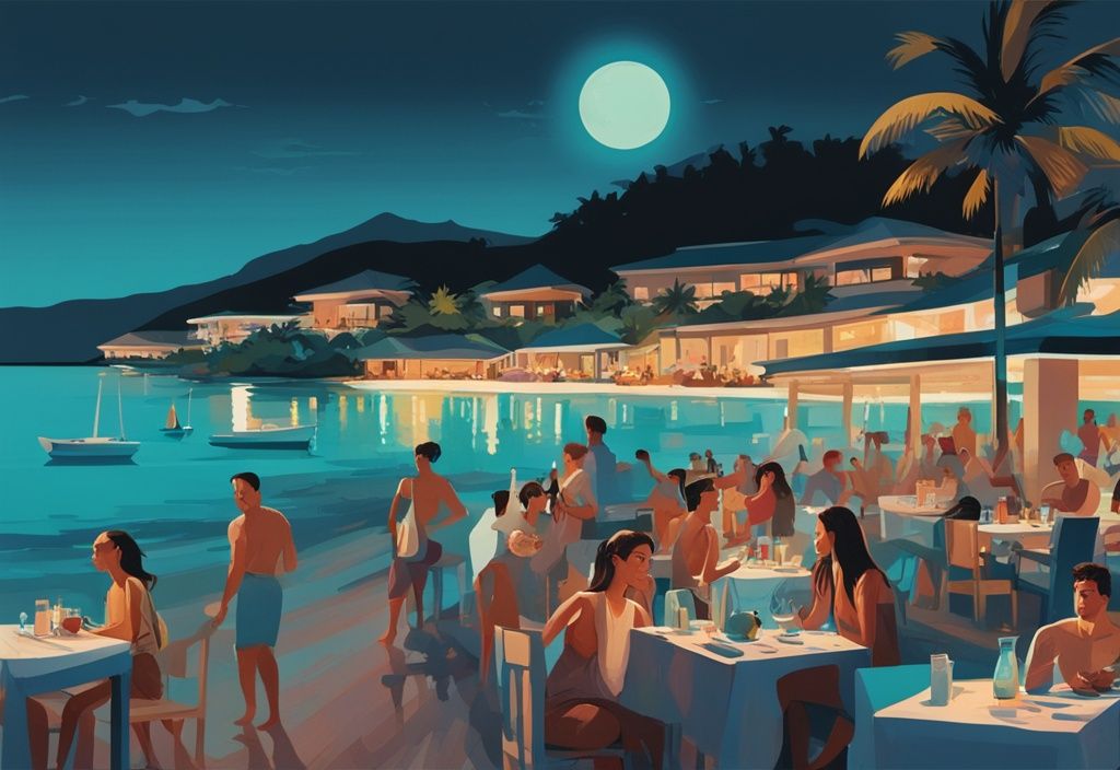 Illustrazione moderna con tema principale color teal, scena serale vivace a Ksamil con persone che cenano all'aperto in un ristorante sulla spiaggia, una coppia che passeggia sulla spiaggia illuminata dalla luna e vista distante del Bora Bora Beach Club illuminato, cosa fare a Ksamil la sera.