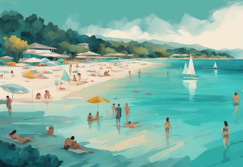 Illustrazione moderna con tema principale color teal, vista serena delle acque cristalline di Ksamil, persone che prendono il sole sulla spiaggia sabbiosa e ombrelloni colorati che punteggiano il paesaggio.