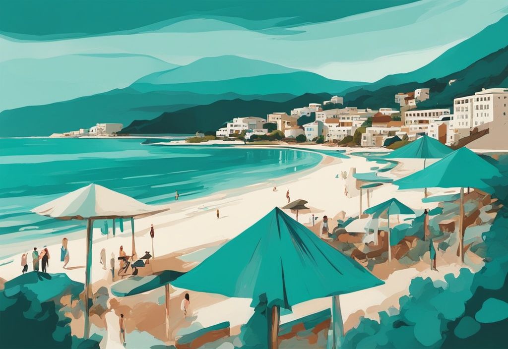 Illustrazione moderna di un viaggio pittoresco dalla città costiera di Valona, attraverso la Riviera Albanese, fino alle splendide spiagge di Ksamil, con tema principale di colore teal.