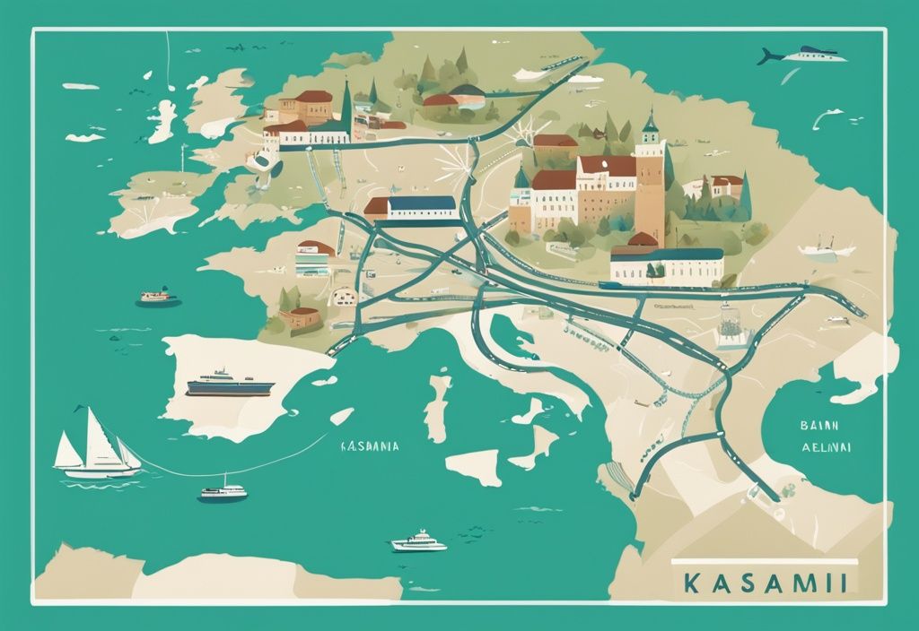 Illustrazione moderna di un dipinto con tema principale il colore teal, mostrando una mappa con il percorso segnato da Bari, Italia a Ksamil, Albania, inclusi punti di interesse e opzioni di trasporto.