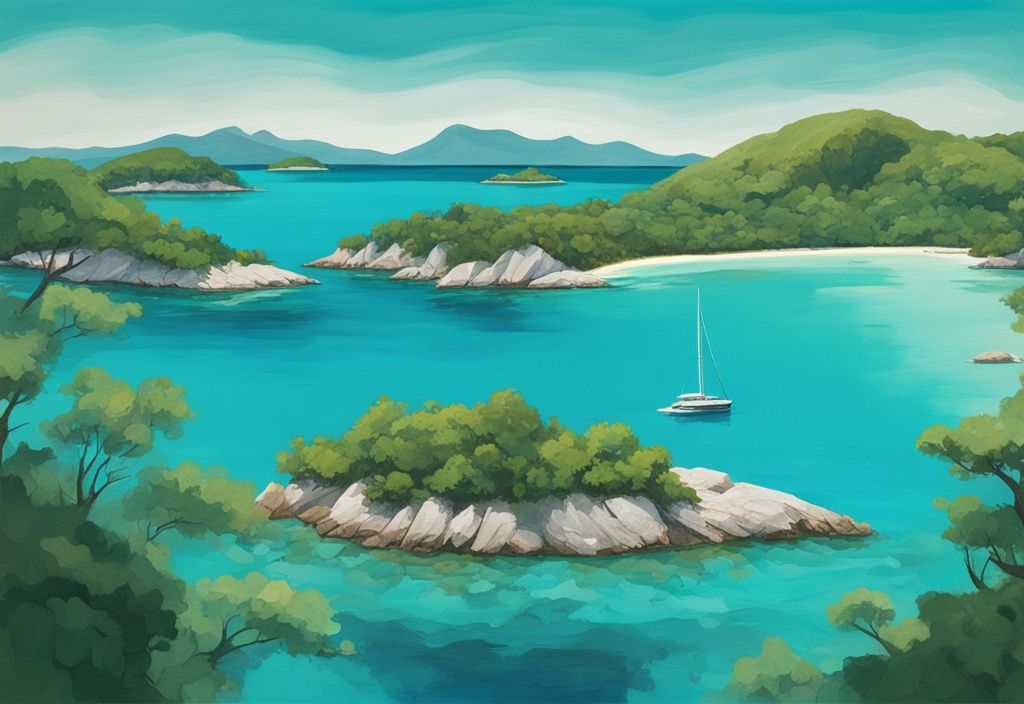 Illustrazione moderna dei Twin Islands Ksamil con acque turchesi e isole verdi sotto un cielo azzurro.