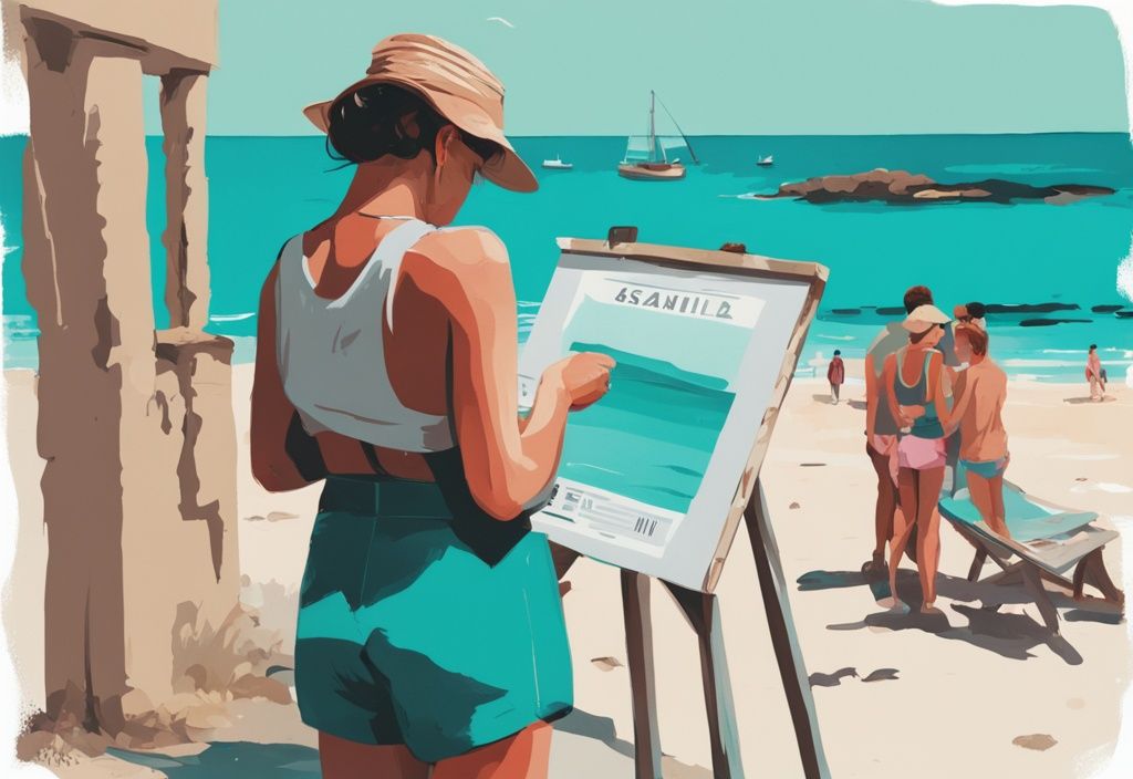 Illustrazione moderna di un turista deluso davanti alla spiaggia di Ksamil con un cartello di recensione negativa, tema principale colore teal.