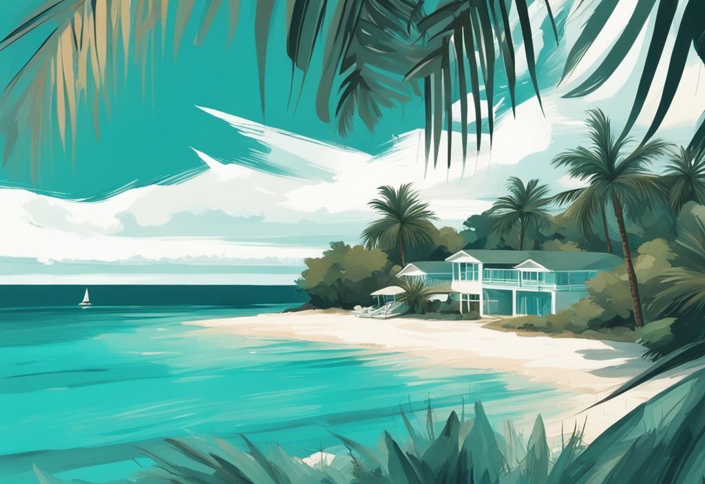 Illustrazione moderna di una vista mozzafiato della spiaggia di Ksamil a Porto Rico, con acque cristalline, sabbia bianca e palme tropicali ondeggianti, tema principale color teal.