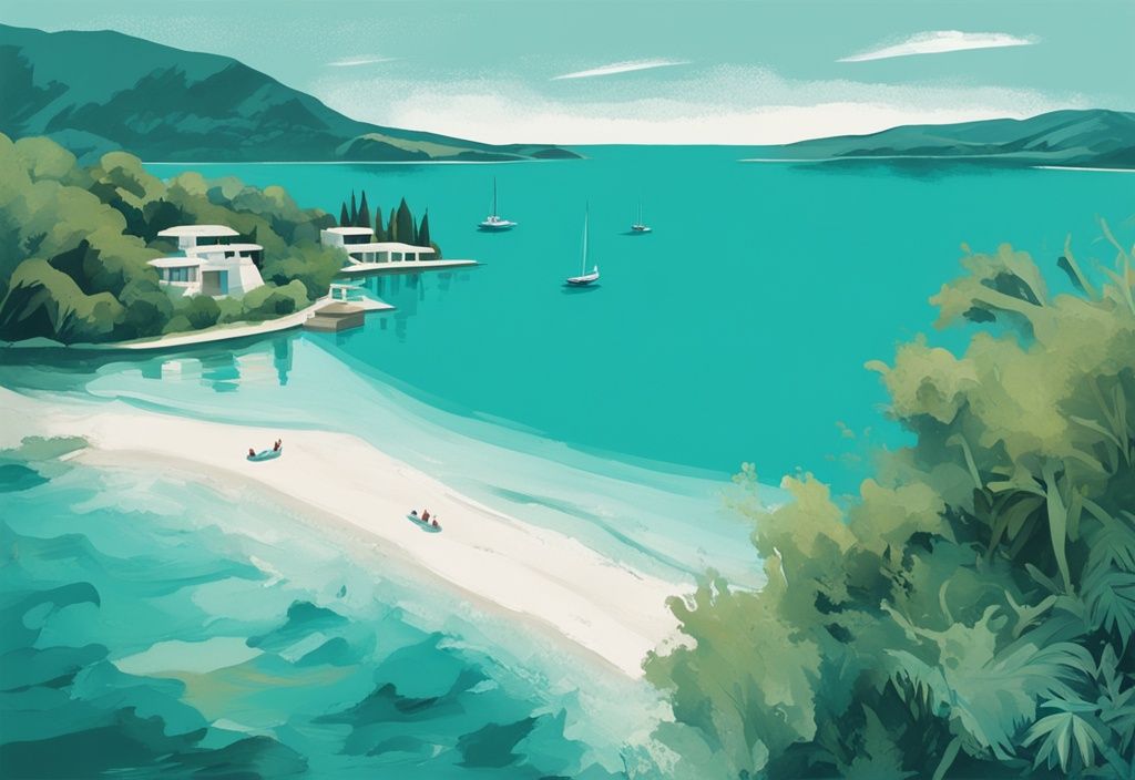 Illustrazione moderna del Blue Eye spring in Albania con acque cristalline turchesi, circondato da vegetazione lussureggiante e vista sulle spiagge incontaminate di Ksamil.